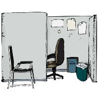 Pixwords Het beeld met bureau, stoel, afval, papier Eric Basir - Dreamstime
