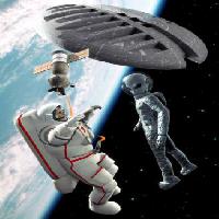 Pixwords Het beeld met ruimte, vreemd, astronaut, satelliet, ruimteschip, aarde, kosmos Luca Oleastri - Dreamstime