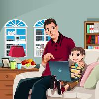 Pixwords Het beeld met kind, vader, familie, laptop, lamp, ramen, glimlach Artisticco Llc - Dreamstime