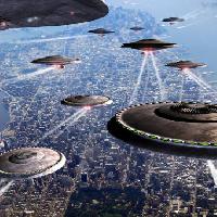 oorlog, schepen, schip, stad, vreemd, vliegen, ufo Philcold - Dreamstime