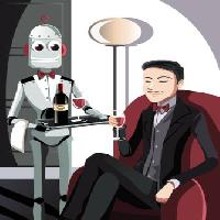Pixwords Het beeld met robot, man, wijn, glas Artisticco Llc - Dreamstime