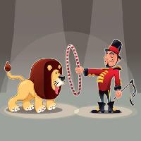 Pixwords Het beeld met leeuw, man, cirkel, circus, dier Danilo Sanino - Dreamstime