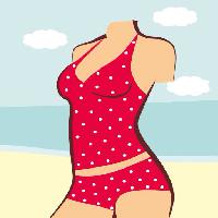 Pixwords Het beeld met kvinde, krop, rød, jakkesæt, bad, strand, vand, skyer, tøj Anvtim