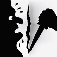 Pixwords Het beeld met moordenaar, mes, littekens, zwart, hand, scherp, zweet Robodread - Dreamstime